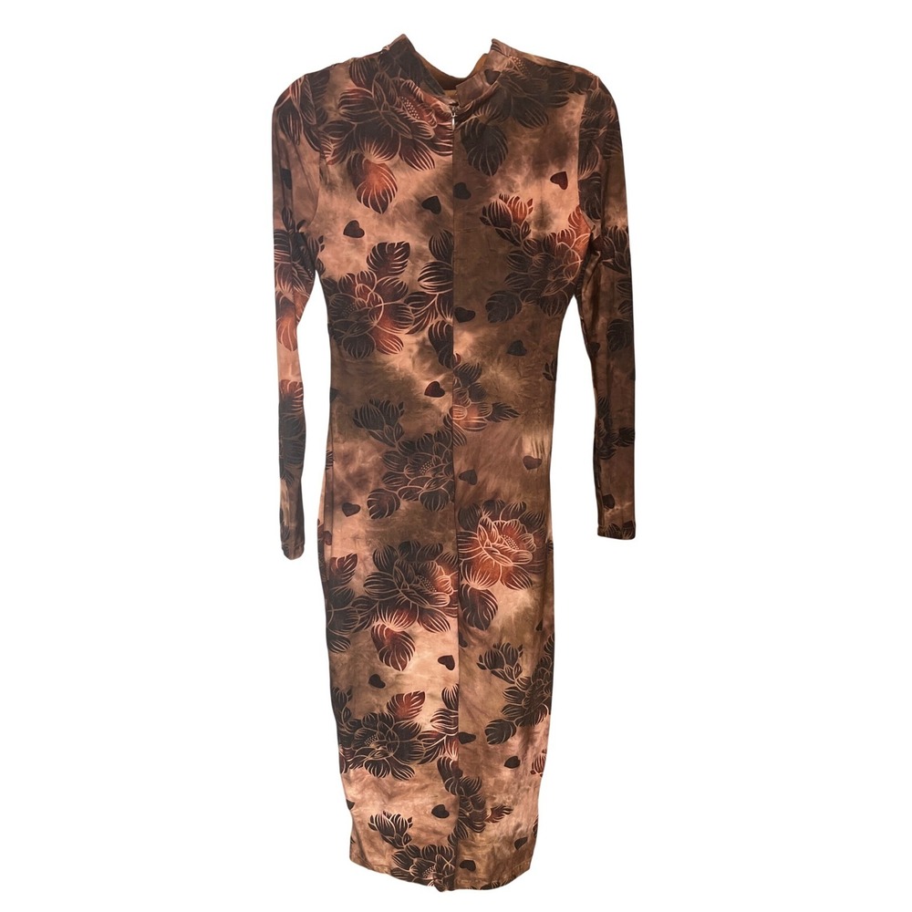 Endless Rose W Brown Floral Heart Print Mesh Long Sleeve Bodycon Midi Dress M